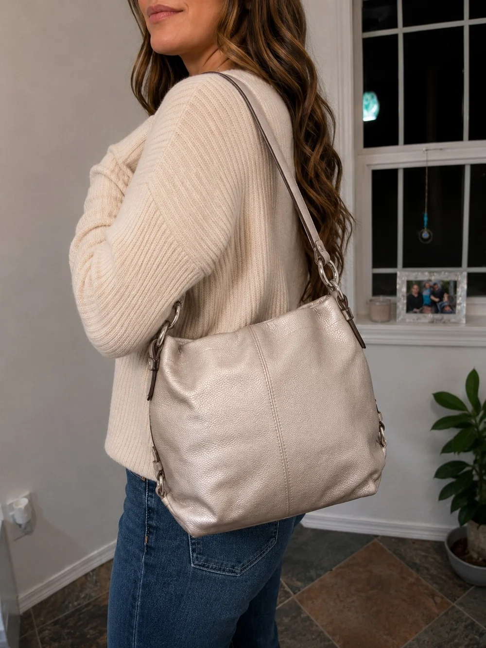 Coach Brooke F15064 Metallic Silver Pebbled Leather Hobo Soho Duffle Bag - $358
